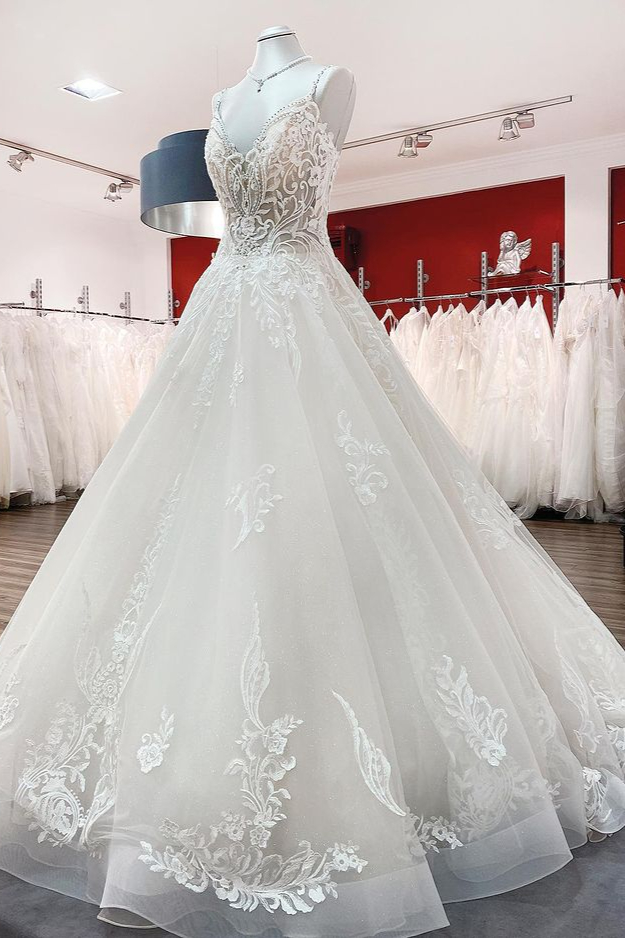 Long A-line V-neck Spaghetti Straps Tulle Wedding Dress with Lace Ruffles Long A-line V-neck Spaghetti Straps Tulle Wedding Dress with Lace Ruffles