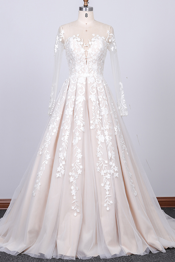 Long Sleeve Sweetheart Appliques Lace Tulle A-line Wedding Dress