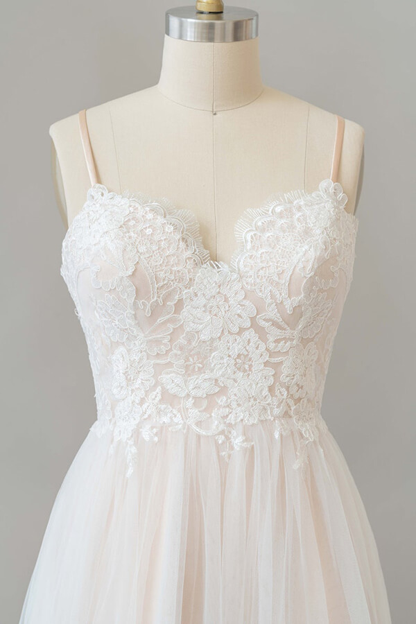 Long Sweetheart Appliques Lace Tulle A-line Wedding Dress