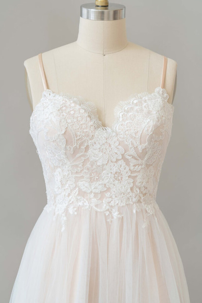 Long Sweetheart Appliques Lace Tulle A-line Wedding Dress