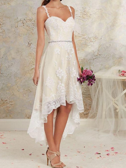 High Low A-Line Spaghetti Strap Asymmetrical Lace Tulle Sleeveless Wedding Dresses