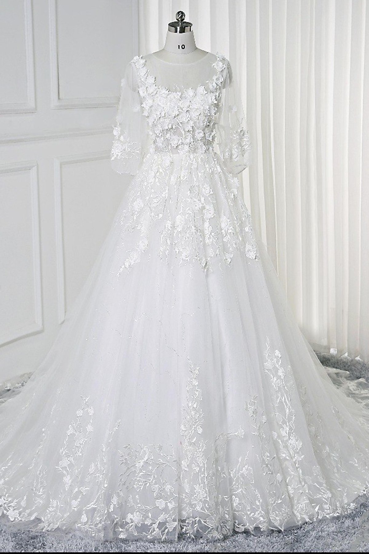 White Long A-line Lace Flowers Half Sleeves Bridal Wedding Dress