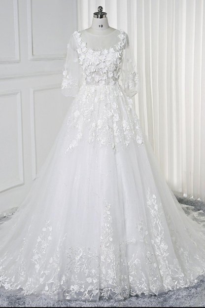White Long A-line Lace Flowers Half Sleeves Bridal Wedding Dress