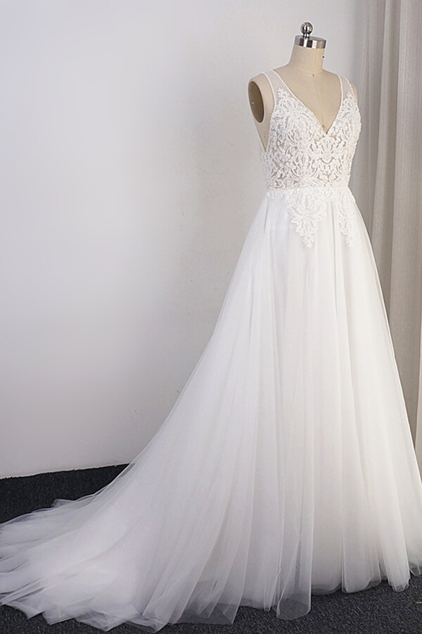 Long V-neck Open Back Appliques Tulle A-line Wedding Dress