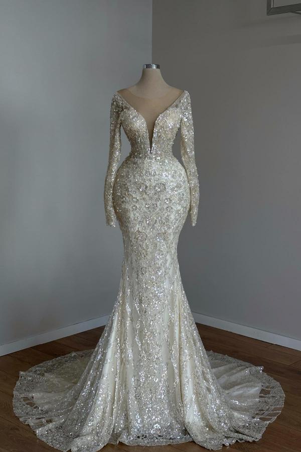 Ivory Long Mermaid V-neck Court Train Tulle Lace Wedding Dresses with   COCOSBRIDE