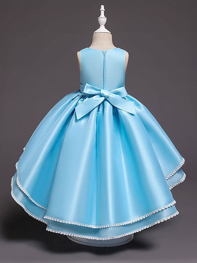 Princess Asymmetrical Wedding / Party / Pageant Flower Girl Dresses - Satin / Tulle Sleeveless Jewel Neck With Lace / Belt / Appliques