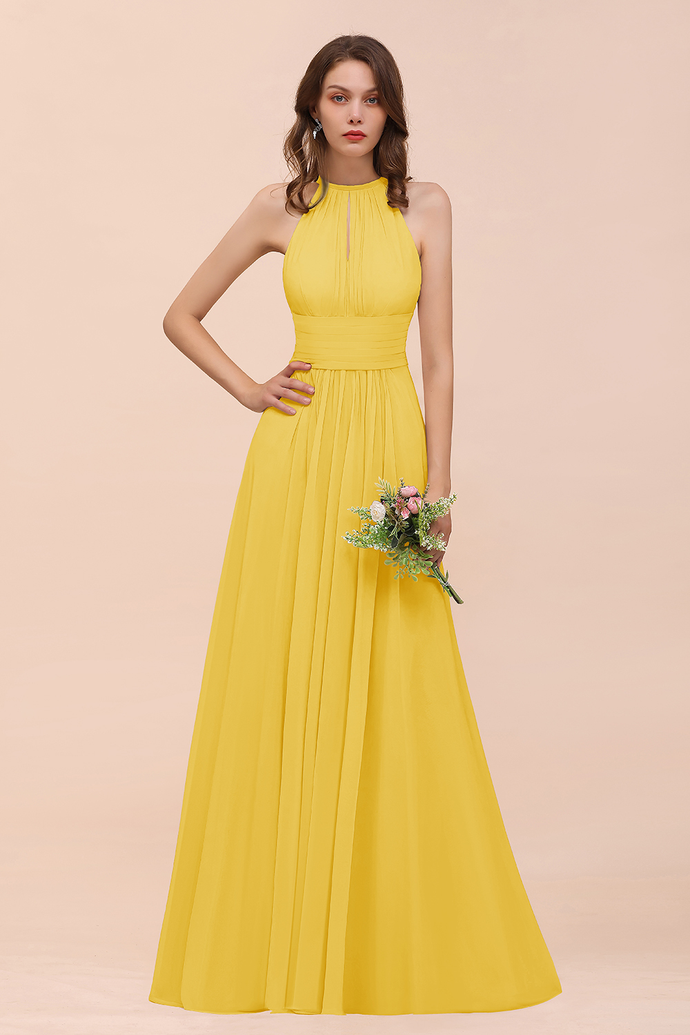 Elegant Long A-Line Jewel Ruffle Chiffon Champagne Bridesmaid Dress
