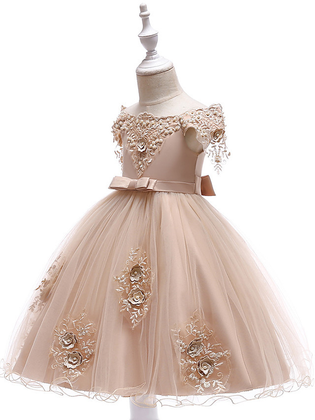 Princess Above Knee Wedding / Party / Pageant Flower Girl Dresses - Satin / Tulle Short Sleeve Off Shoulder With Lace / Beading / Appliques