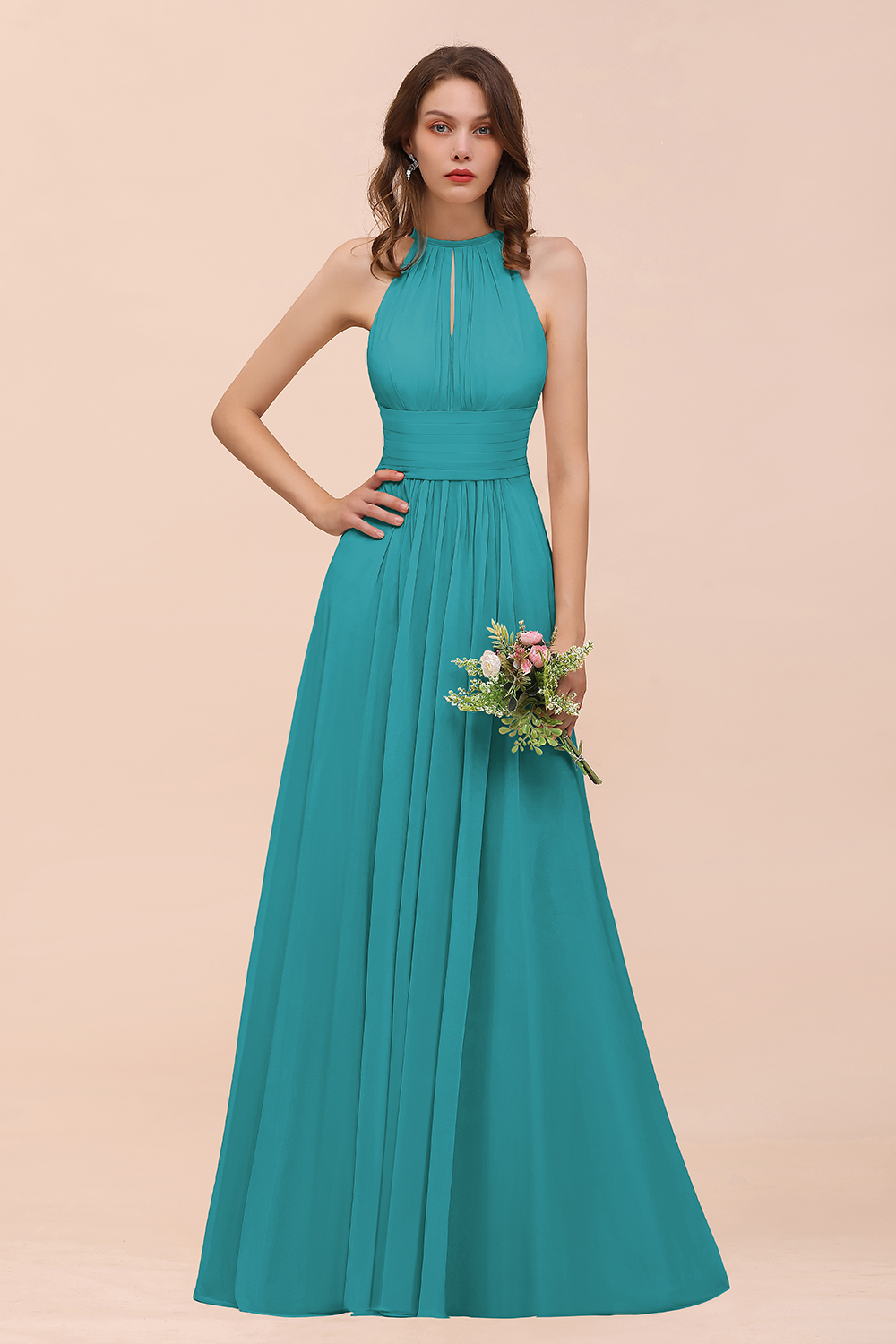 Elegant Long A-Line Jewel Ruffle Chiffon Champagne Bridesmaid Dress