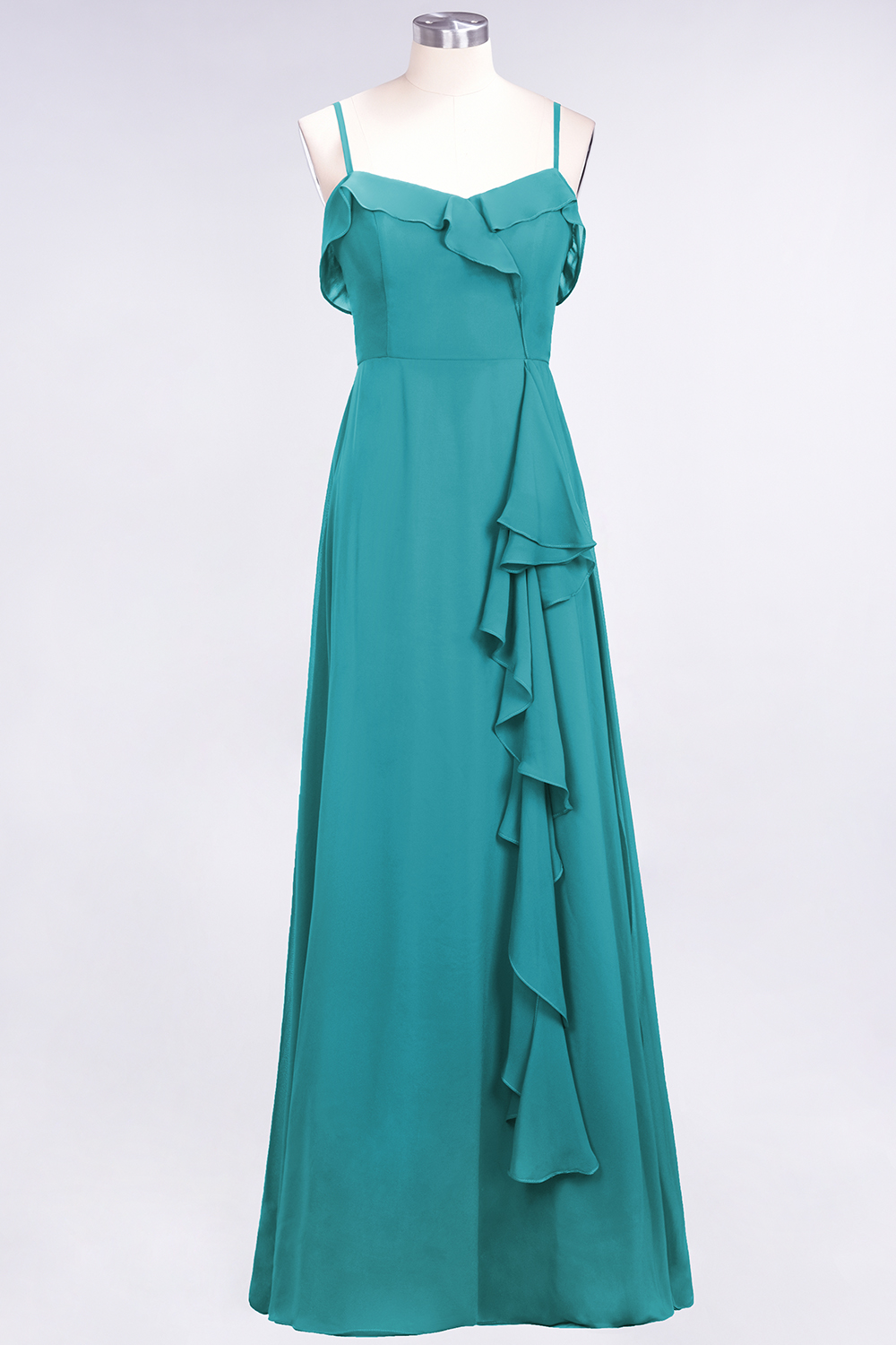 Spaghetti Straps A-Line Chiffon Backless Floor-length Prom Dress With Ruffles