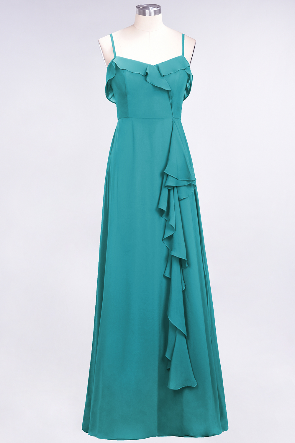 Spaghetti Straps A-Line Chiffon Backless Floor-length Prom Dress With Ruffles
