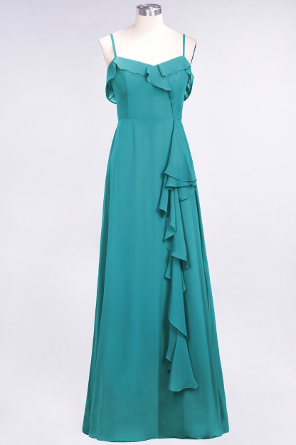 Spaghetti Straps A-Line Chiffon Backless Floor-length Prom Dress With Ruffles