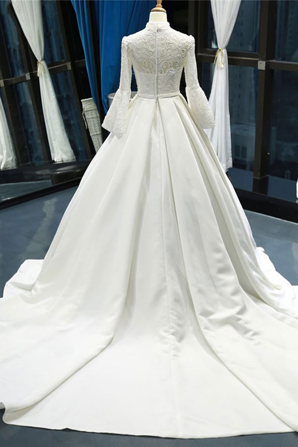 Elegant High Neck Long Sleeves Ball Gown Satin Wedding Dresses