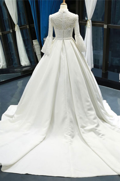 Elegant High Neck Long Sleeves Ball Gown Satin Wedding Dresses