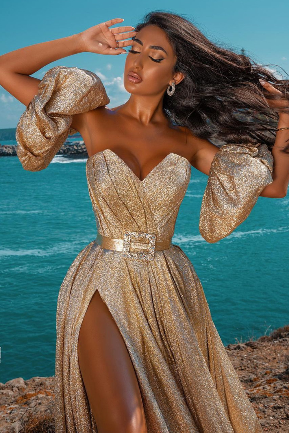 Glitter Long A-line Sweetheart Sequined Formal Prom Dress with Slit