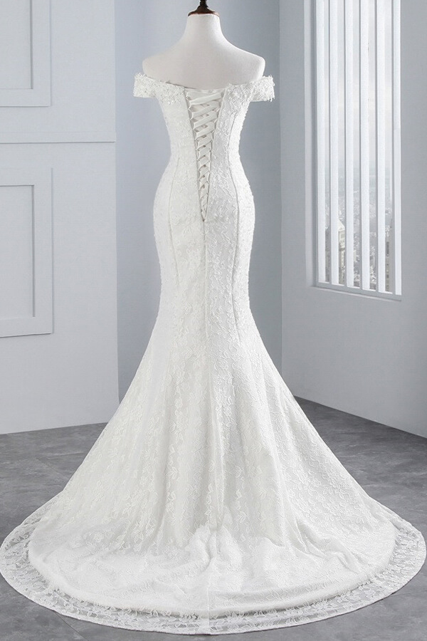 Long Off the Shoulder Lace-up Mermaid Lace Wedding Dress