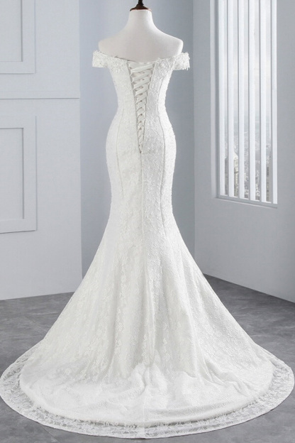 Long Off the Shoulder Lace-up Mermaid Lace Wedding Dress