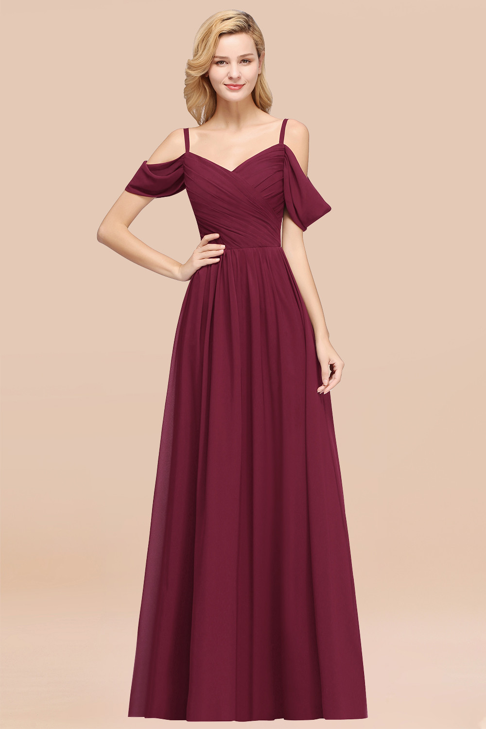 A-Line Chiffon V-Neck Spaghetti Straps Short-Sleeves Floor-Length Bridesmaid Dresses with Ruffles