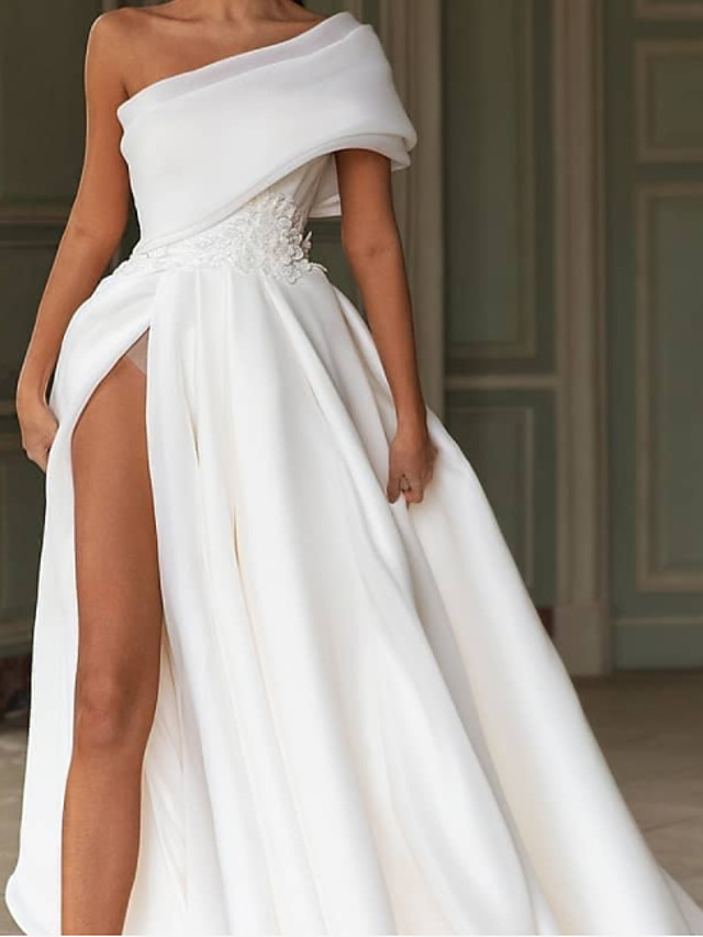 Long A-Line One Shoulder Chiffon Simple Wedding Dresses