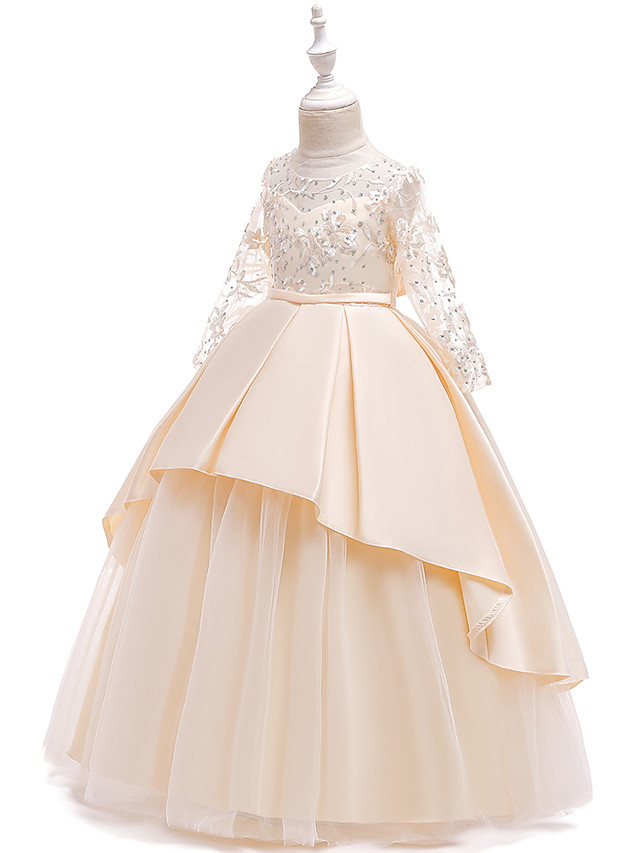 Princess Floor Length Wedding / Party / Pageant Flower Girl Dresses - Lace / Satin / Tulle Long Sleeve Jewel Neck With Lace / Belt / Crystals