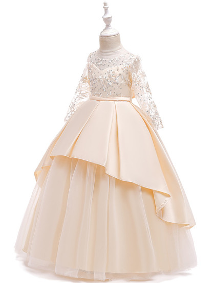 Princess Floor Length Wedding / Party / Pageant Flower Girl Dresses - Lace / Satin / Tulle Long Sleeve Jewel Neck With Lace / Belt / Crystals