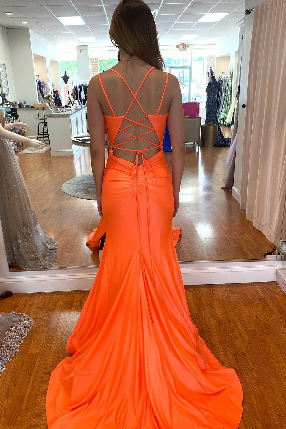 Attractive Orange Spaghetti Straps Backless Mermaid Prom Dress With Split