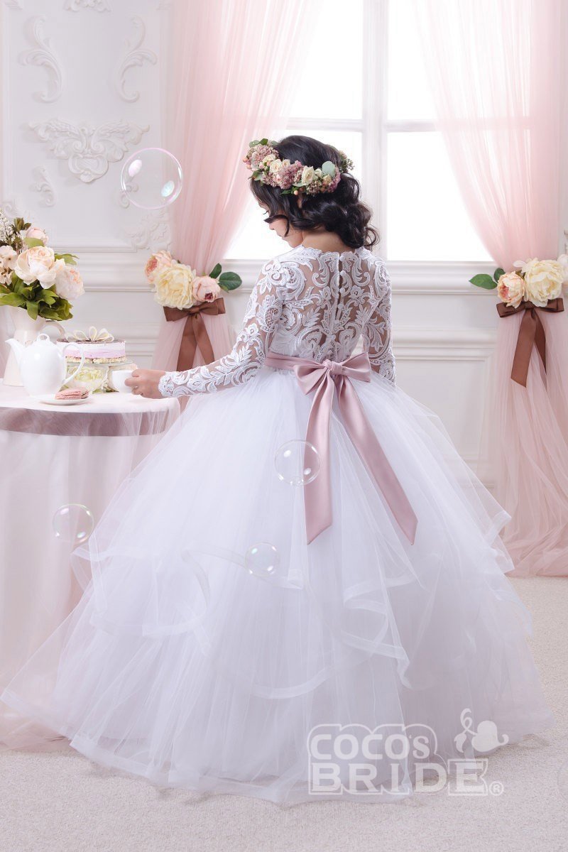 White Scoop Neck Long Sleeves Ball Gown Flower Girls Dress