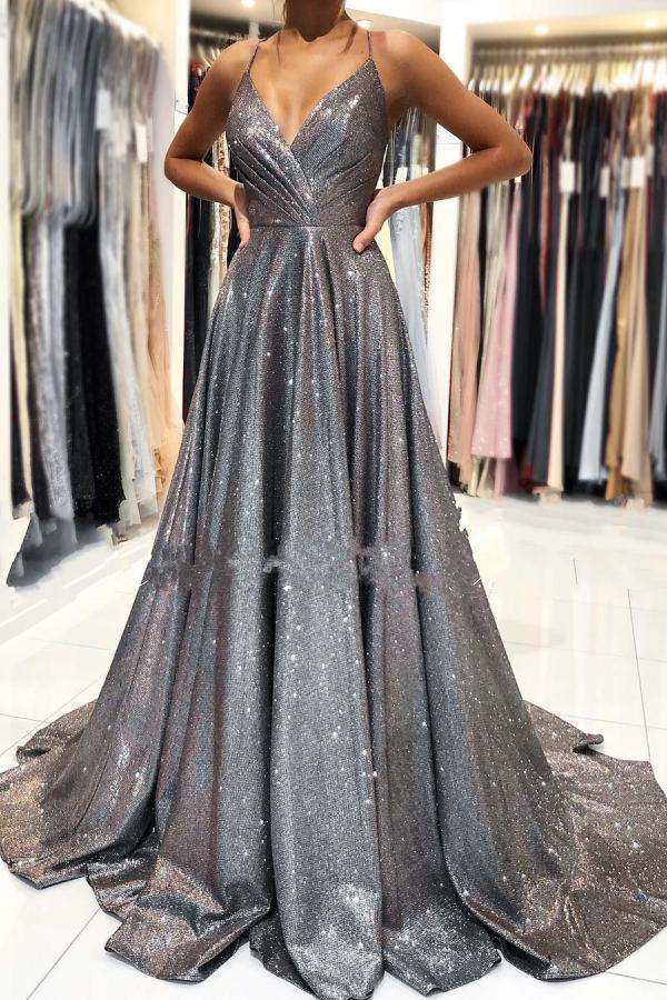 Long A-line V-Neck Spaghetti Straps Glitter Backless Prom Dresses