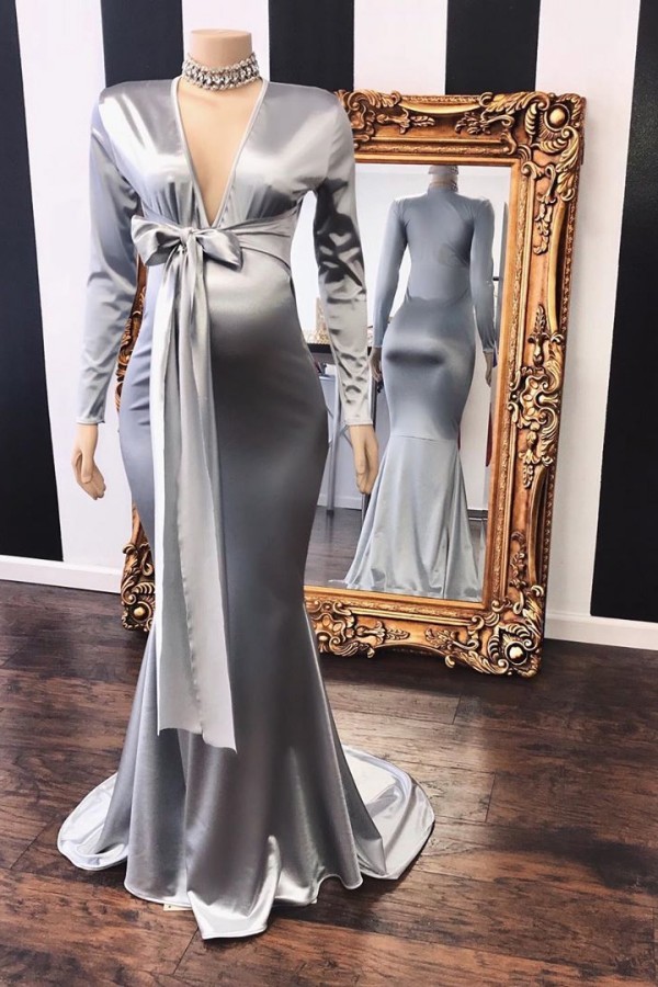 Elegant Long Mermaid V-neck Adjustable Pregnant Formal Dresses with Sleeves