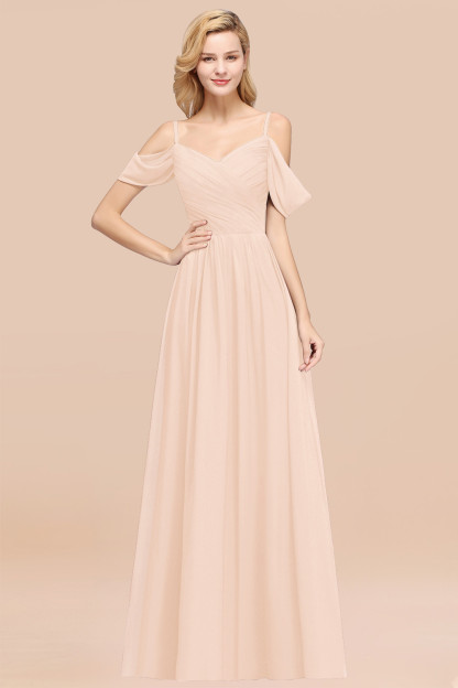A-Line Chiffon V-Neck Spaghetti Straps Short-Sleeves Floor-Length Bridesmaid Dresses with Ruffles