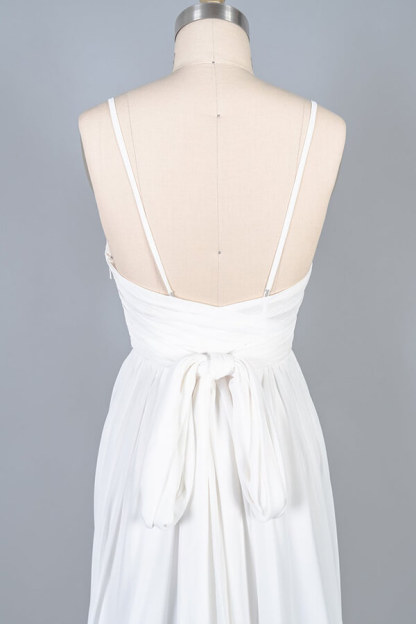 Long V-neck Front Slit Lace Chiffon Sheath Wedding Dress