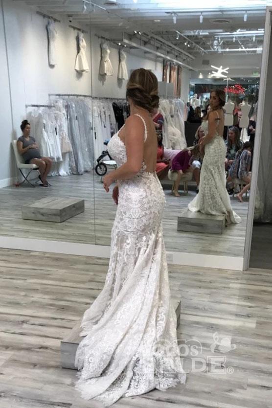 Long Spaghetti Straps Mermaid V Neck Backless Lace Wedding Dress