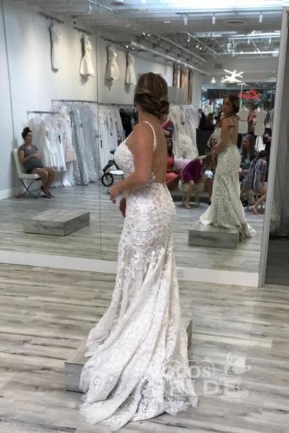 Long Spaghetti Straps Mermaid V Neck Backless Lace Wedding Dress