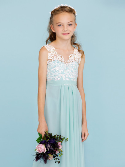 Sheath / Column V Neck Floor Length Chiffon / Lace Junior Bridesmaid Dress With Sash / Ribbon / Pleats / Color Block / Wedding Party / Open Back