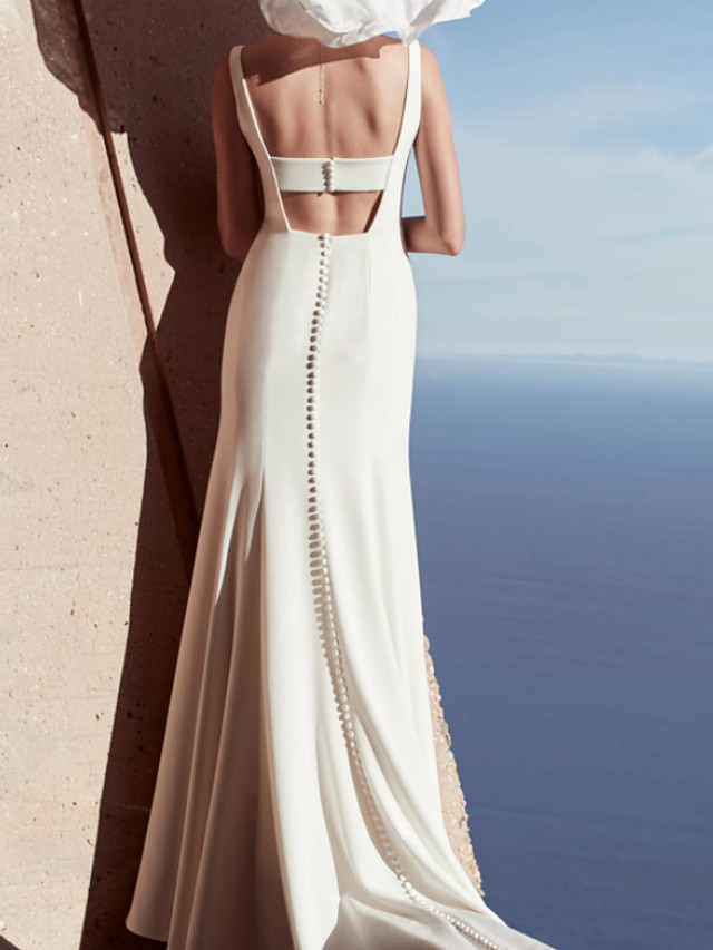 Long Mermaid V-neck Satin Sleeveless Floor Length Wedding Dresses