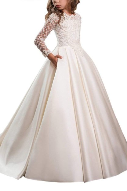 White Scoop Neck Long Sleeves Ball Gown Flower Girls Dress