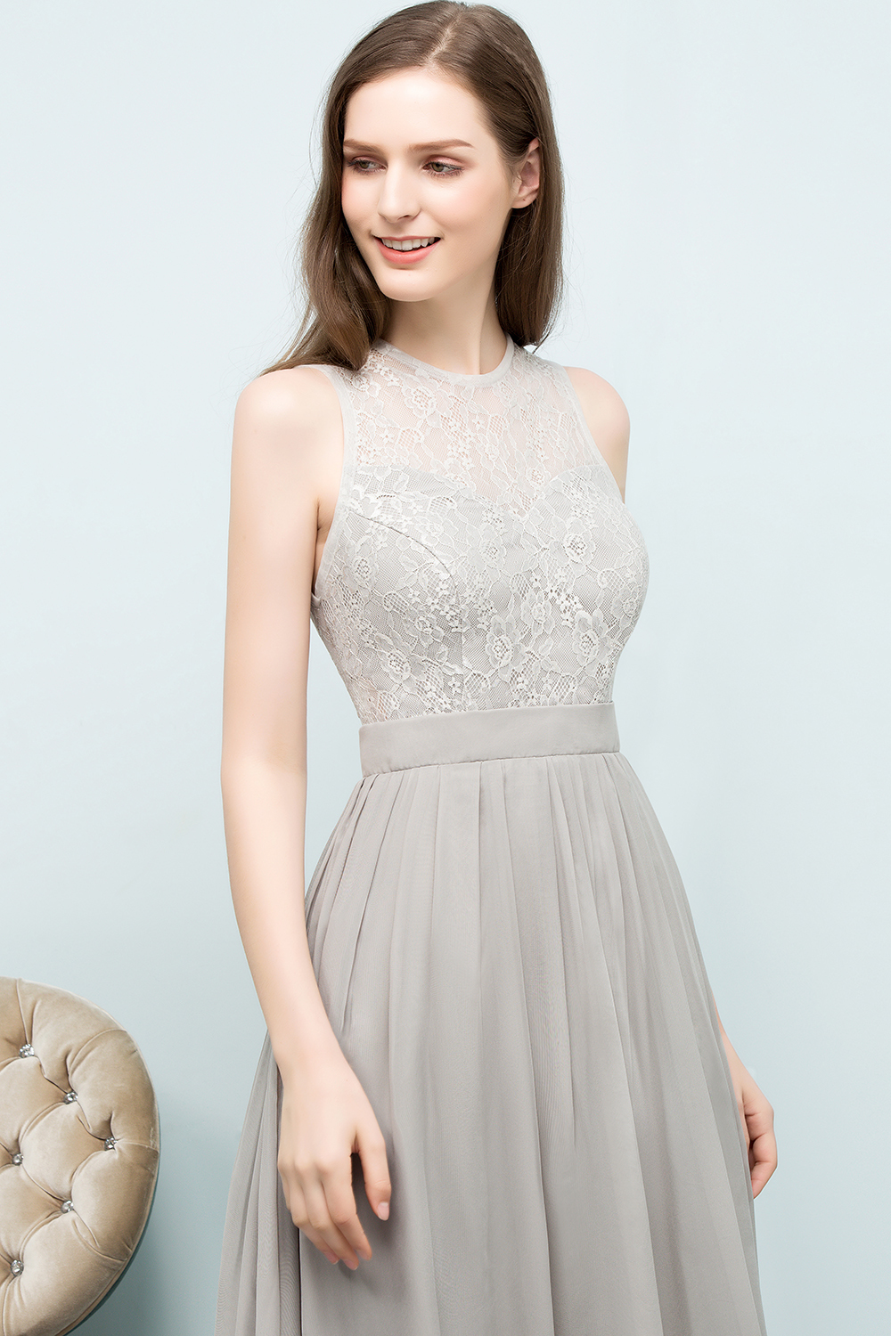 Long Chiffon Lace A-line Floor Length Bridesmaid Dress