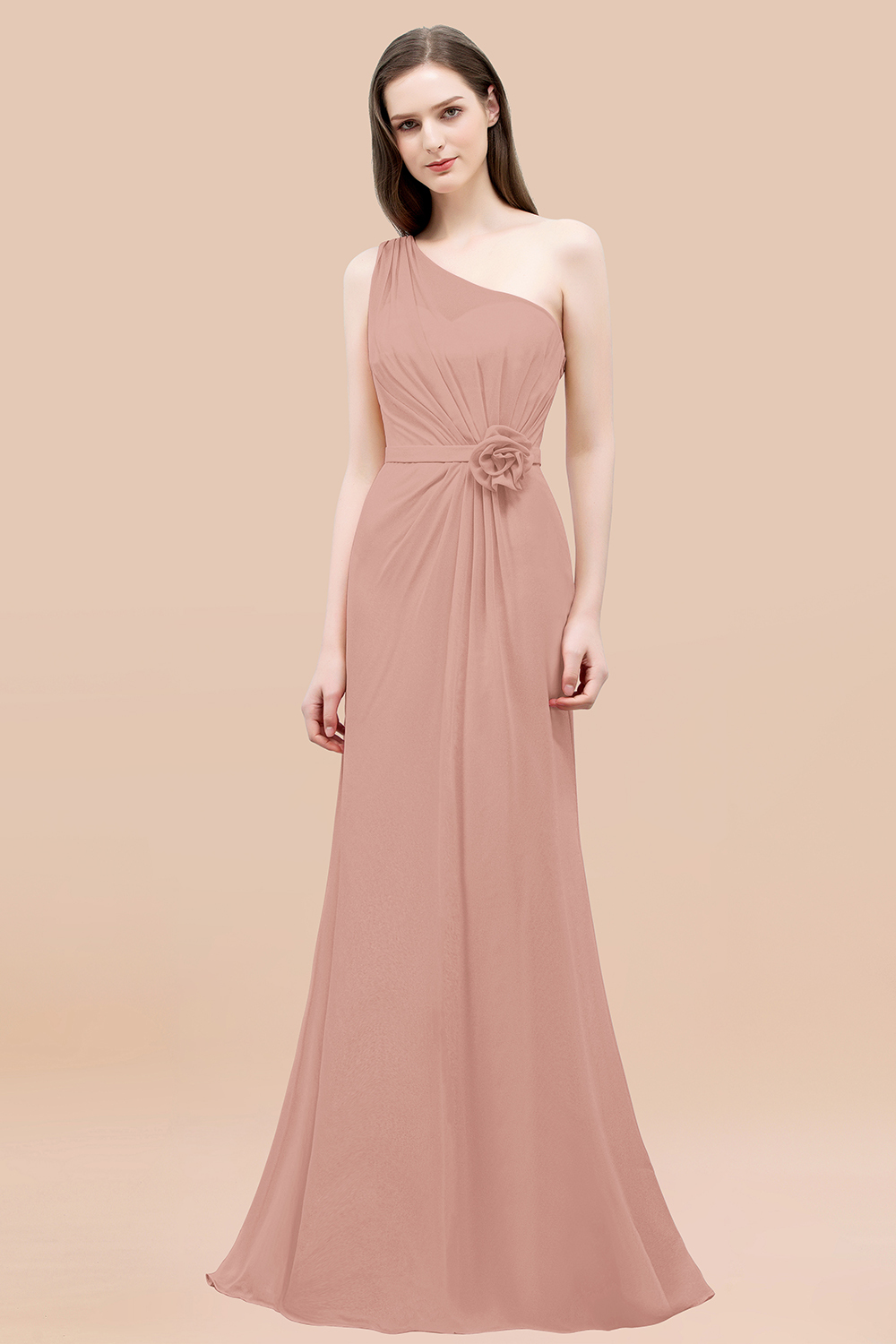 Mermaid Chiffon One-shoulder Sleeveless Ruffled Floor-Length Bridesmaid Dresses with Flower