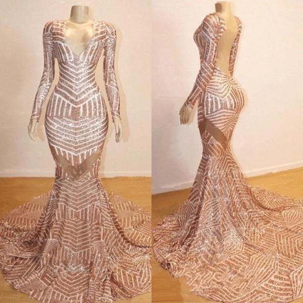 Mermaid Long Sleeves V-neck Sequined Sweep Train Prom Dresses