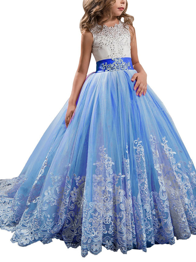 Princess Sleeveless Jewel Neck Pageant Flower Girl Dresses With Bow(S)
