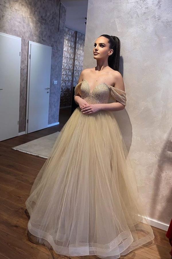 Classy Long Sweetheart Off-the-shoulder Beading A-Line Tulle Ruffles Wedding Dress