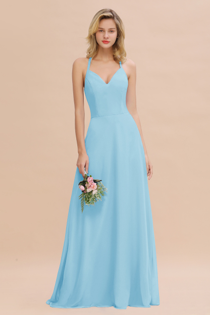 Stylish Chiffon Spaghetti Straps Sleeveless Long Bridesmaid Dress