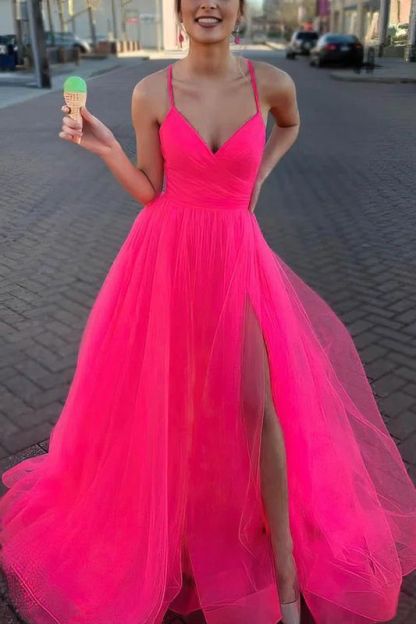 Long Spaghetti Straps V-neck A-Line Tulle Prom Dress With Side Slit