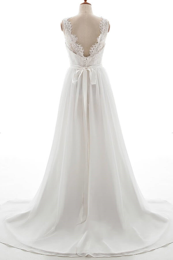 Long V-neck Lace Chiffon Backless A-line Wedding Dress