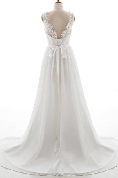 Long V-neck Lace Chiffon Backless A-line Wedding Dress