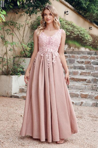 Long A-line V-Neck Tulle Lace Formal Evening Dress with Appliques