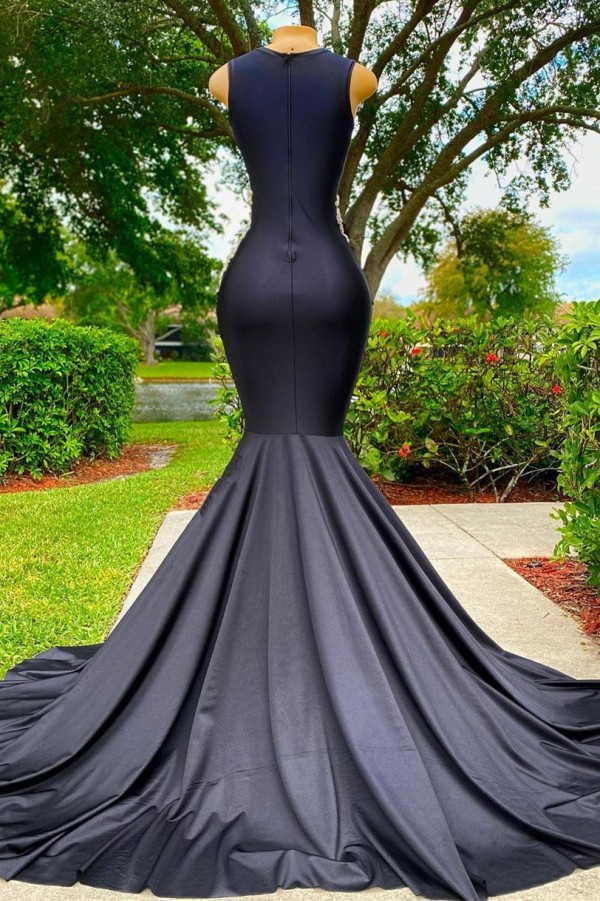 Black Long Mermaid Jewel Satin Tulle Lace Appliques Prom Dress