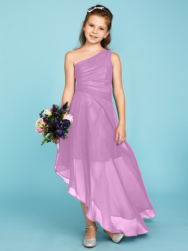 A-Line One Shoulder Asymmetrical Chiffon Junior Bridesmaid Dress With Side Draping / Wedding Party