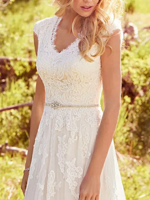 Long A-Line V Neck Lace Tulle Straps Wedding Dresses