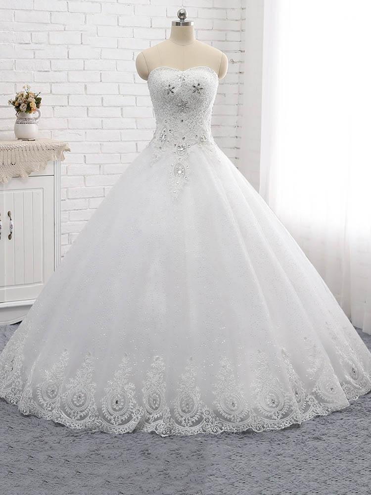 Gorgeous Long Tulle Sweetheart Appliques Ball Gown Wedding Dresses